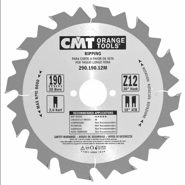 Panza de circular pentru fierastraie portabile CMT 290; 190x2.6x30; Z12; 20°