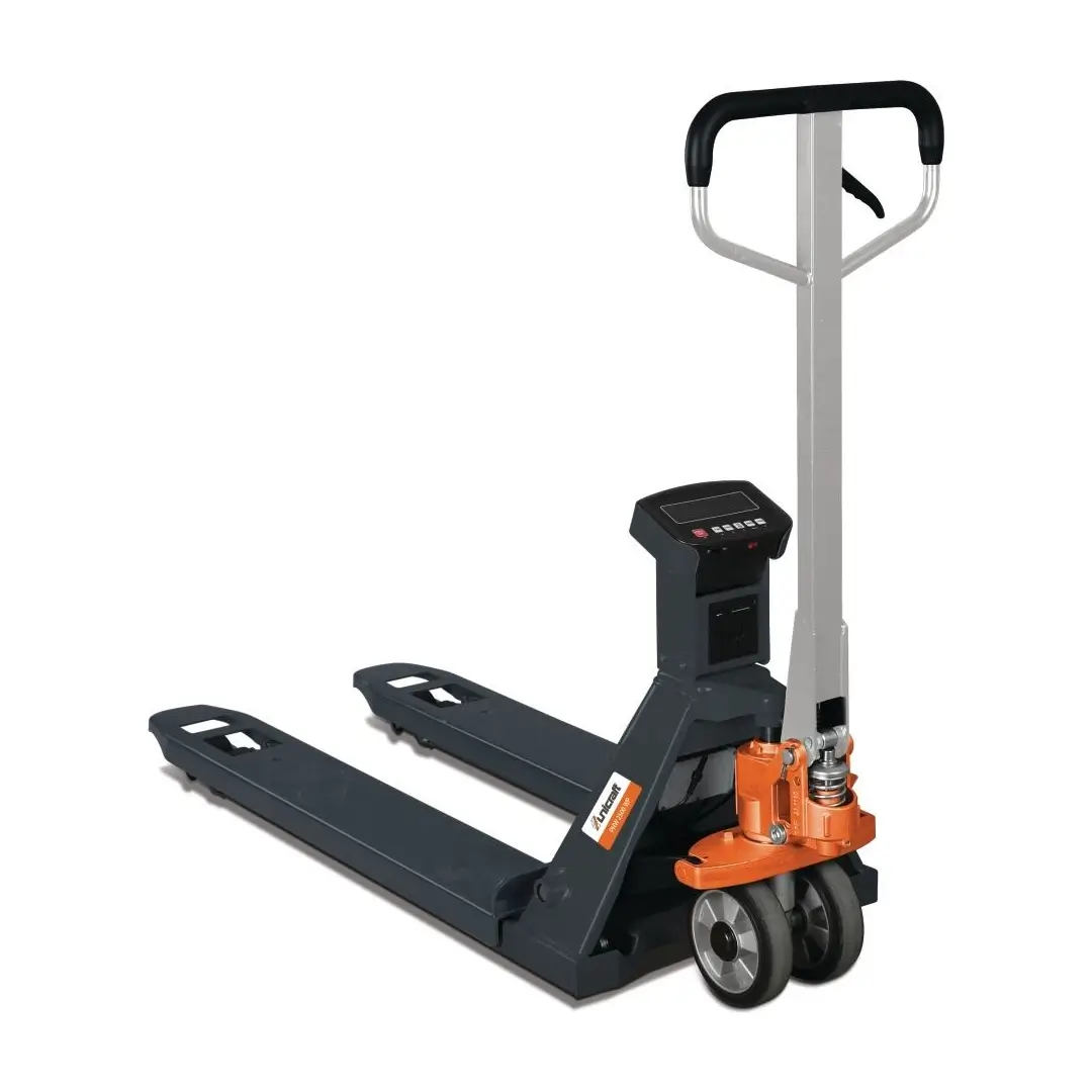 Transpalet hidraulic manual UNICRAFT PHW 2500 WP, cu capacitate de 2500 kg, dotat cu sistem electronic de cantarire si imprimanta incorporata pentru depozite si logistica Transpalet manual cu cantar si imprimanta UNICRAFT PHW 2500 WP 2.5 tone