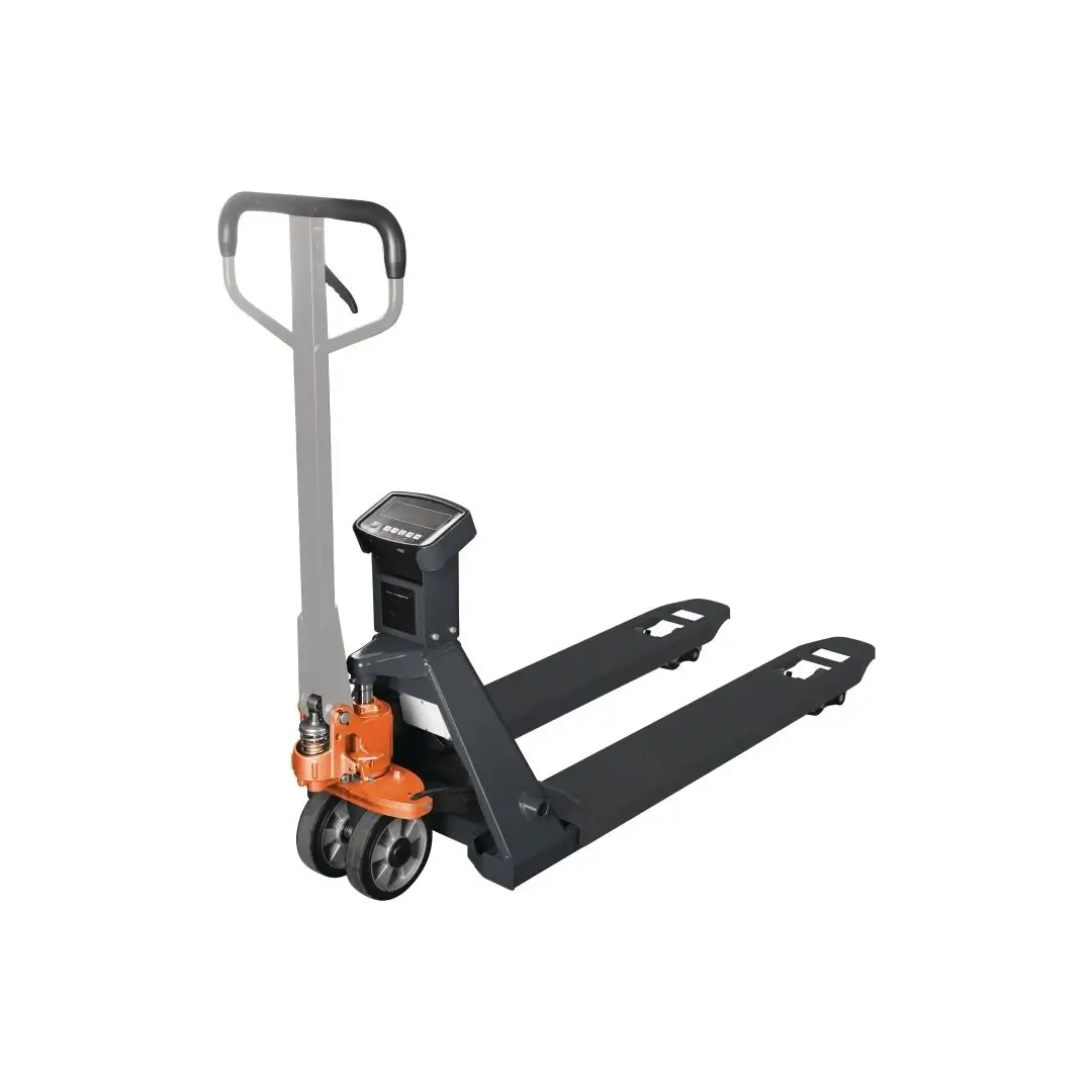 Profilul coborat al furcilor faciliteaza preluarea rapida a paletilor standard, oferind o vizibilitate excelenta operatorului in timpul manevrelor de incarcare Vedere frontala transpalet cu cantar UNICRAFT 2.5 tone